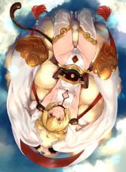 Rule 34 | 1girl, absurdres, ahoge, andira (granblue fantasy), arched back, armpits, arms up, bare hips, blonde hair, breasts, breasts apart, cleavage cutout, clothing cutout, day, detached sleeves, foreshortening, from above, full body, gluteal fold, gold trim, granblue fantasy, hairband, highres, interlocked fingers, leotard, looking at viewer, lying, medium breasts, nekoshoko, on back, outdoors, own hands together, red eyes, smile, solo, white legwear