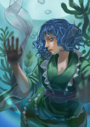 Rule 34 | 1girl, air bubble, blue eyes, blue hair, breasts, cleavage, cmy, eyebrows, eyelashes, fins, fish tail, foreshortening, hand up, japanese clothes, kimono, lips, looking at viewer, mermaid, monster girl, nose, perspective, tail, tank (container), touhou, underwater, wakasagihime, wavy hair, wide sleeves