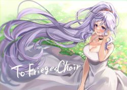 Rule 34 | absurdres, breasts, chan hone pkpk, choker, commission, commissioner upload, dress, earrings, field, fire emblem, fire emblem: genealogy of the holy war, flower, flower field, hair ornament, highres, ishtar (fire emblem), jewelry, long hair, nintendo, non-web source, open mouth, purple eyes, purple hair, signature, skeb commission, smile, sundress, very long hair, watermark, white dress