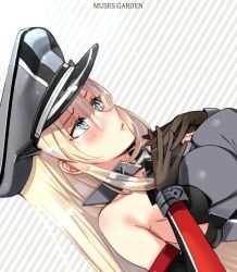 Rule 34 | 10s, 1girl, bad id, bad twitter id, bare shoulders, bismarck (kancolle), blonde hair, blue eyes, breasts, collar, elbow gloves, gloves, grey gloves, hair between eyes, hands on breasts, hat, hayakawa akari, impossible clothes, kantai collection, large breasts, long hair, parted lips, peaked cap, solo, striped, striped background