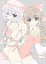 Rule 34 | 2girls, adapted costume, ascot, bare shoulders, bat wings, blue hair, bow, breasts, brown eyes, brown hair, detached sleeves, female focus, flat color, hair bow, hair tubes, hakurei reimu, himukai kyousuke, japanese clothes, leotard, long hair, medium breasts, miko, multiple girls, one eye closed, open mouth, red eyes, red leotard, remilia scarlet, ribbon, short hair, smile, thighhighs, touhou, white legwear, wings, wink, wrestling outfit, wrist ribbon