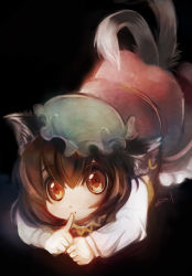 Rule 34 | 1girl, animal ears, black background, brown eyes, brown hair, cat ears, cat tail, chen, finger to mouth, hat, lying, multiple tails, nekomata, on stomach, solo, tail, takamoto akisa, touhou, two tails