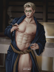 Rule 34 | 1boy, abs, artist name, bara, bare pectorals, blonde hair, cigarette, closed mouth, cup, green-tinted eyewear, holding, holding cigarette, holding cup, jujutsu kaisen, large pectorals, male focus, muscular, muscular male, nanami kento, navel, nipples, open clothes, pectorals, round eyewear, short hair, solo, sunglasses, thick thighs, thighs, tinted eyewear, twitter logo, urielbeaupre15