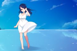Rule 34 | 1girl, barefoot, blue hair, blue sky, cloud, day, dress, gradient background, hand in own hair, head tilt, horizon, long hair, looking at viewer, ocean, original, pon (shind 997), puffy short sleeves, puffy sleeves, red eyes, reflection, shore, short sleeves, sky, smile, solo, sundress, wading, water, wind, wind lift