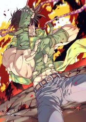 Rule 34 | 1boy, abs, aqua eyes, bare arms, bare shoulders, battle tendency, belt, blood, blood from mouth, blurry, blurry background, brown hair, clenched hand, closed mouth, clothing cutout, commentary request, denim, dirty, eyebrows hidden by hair, fingerless gloves, gloves, green gloves, green shirt, headband, highres, injury, jeans, jojo no kimyou na bouken, joseph joestar, joseph joestar (young), male focus, midriff, motion blur, multicolored clothes, multicolored scarf, muscular, navel, one eye covered, pants, sashiyu, scarf, serious, shirt, short hair, signature, sleeveless, solo, striped clothes, striped scarf, torn clothes, triangle print