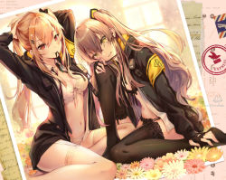 Rule 34 | 2girls, arm up, armband, black bow, black bra, black gloves, black jacket, black panties, black thighhighs, bow, bow bra, bra, brown hair, bunching hair, closed mouth, commentary request, fingerless gloves, fingernails, flower, frilled legwear, frills, garter straps, girls&#039; frontline, gloves, hair between eyes, hair bow, hair ornament, head tilt, jacket, long hair, long sleeves, mouth hold, multiple girls, navel, one side up, open clothes, open jacket, open shirt, orange flower, panties, parted lips, pierorabu, pink flower, red eyes, scar, scar across eye, scar on face, shirt, sitting, smile, thighhighs, twintails, tying hair, ump45 (girls&#039; frontline), ump9 (girls&#039; frontline), underwear, very long hair, white bra, white flower, white legwear, white panties, white shirt, yellow eyes, yellow flower