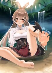 Rule 34 | 1girl, ahoge, barefoot, black gloves, blush, breasts, brown eyes, brown hair, casino (casinoep), cleavage cutout, closed mouth, clothing cutout, corset, day, feather hair ornament, feathers, feet, foot focus, frilled skirt, frills, gloves, hair between eyes, hair ornament, highres, hololive, hololive english, long hair, medium breasts, multicolored hair, nanashi mumei, nanashi mumei (1st costume), outdoors, partially fingerless gloves, red skirt, shirt, sitting, skirt, smile, solo, streaked hair, twintails, twitter username, very long hair, virtual youtuber, water, wet, white shirt