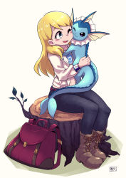 Rule 34 | 1girl, :3, ankle boots, bag, belt, blonde hair, blue eyes, blush stickers, boots, cheek-to-cheek, chichibu (watson), creatures (company), cross-laced footwear, game freak, gen 1 pokemon, heads together, highres, hug, lace-up boots, long hair, nintendo, one eye closed, pants, pokemon, pokemon (creature), sitting, smile, tree stump, vaporeon