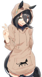 Rule 34 | absurdres, animal print, arm between breasts, between breasts, black shirt, black thighhighs, breasts, brown jacket, brown skirt, cat print, ear tag, earrings, ears through hood, fuse gomame, hair between eyes, hand up, highres, hood, hooded jacket, horse tail, jacket, jewelry, long bangs, long hair between eyes, long sleeves, manhattan cafe (umamusume), nervous sweating, open mouth, pleated skirt, shirt, shy, single earring, skirt, sweat, tail, thighhighs, turtleneck, umamusume, v, wavy mouth