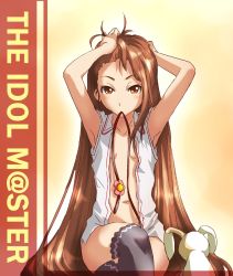 Rule 34 | 10s, 1girl, adjusting hair, armpits, arms up, brown eyes, brown hair, rabbit, forehead, idolmaster, idolmaster (classic), idolmaster 2, long hair, makisige, minase iori, mouth hold, no bra, open clothes, open shirt, shirt, solo, stuffed animal, stuffed rabbit, stuffed toy, thighhighs