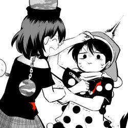 Rule 34 | 2girls, :3, ^^^, arm grab, chain, collar, doremy sweet, earth (ornament), hand on another&#039;s head, hat, hecatia lapislazuli, monochrome, moon (ornament), multiple girls, nightcap, off-shoulder shirt, off shoulder, paintbrush, pom pom (clothes), red theme, shikushiku (amamori weekly), shirt, short hair, short sleeves, simple background, smile, spot color, struggling, sweat, touhou, trembling, turn pale, white background