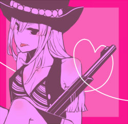Rule 34 | 1girl, bare shoulders, bisca mulan, bra, breasts, cleavage, fairy tail, hat, long hair, monochrome, pink theme, solo, tongue, underwear, vest
