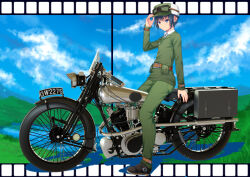 Rule 34 | 1girl, 3d, absurdres, ano hito, black hair, blue eyes, commentary request, full body, goggles, goggles on headwear, green jacket, hat, highres, jacket, kino (kino no tabi), kino no tabi, lake, mixed media, motor vehicle, motorcycle, mountain, pouch, short hair, sitting, solo