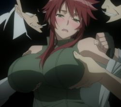 Rule 34 | 1girl, 2boys, bare shoulders, blush, grabbing another&#039;s breast, breasts, grabbing, green eyes, highres, large breasts, long hair, multiple boys, red hair, stitched, suzue konomi, sweater, third-party edit, triage x