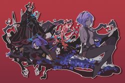 Rule 34 | 2boys, 2girls, armor, assassin (fate/zero), bare shoulders, black gloves, breasts, dark-skinned female, dark skin, fate/grand order, fate/prototype, fate/prototype: fragments of blue and silver, fate/zero, fate (series), fingerless gloves, gloves, hairband, hassan of serenity (fate), hassan of the cursed arm (fate), horns, ideolo, king hassan (fate), long hair, mask, multiple boys, multiple girls, ponytail, red background, revealing clothes, short hair, simple background, sitting, smile