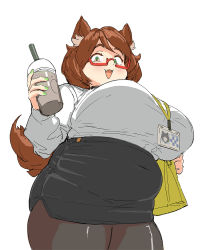 Rule 34 | 1girl, animal ear fluff, bag, belly, black pantyhose, breasts, brown hair, covered navel, cup, fang, fat, green eyes, holding, holding cup, huge breasts, id card, indie virtual youtuber, jouji (jouji45270078), large breasts, looking down, mint castella, mrjouzi, pantyhose, shirt, sketch, skin fang, smile, solo, thick thighs, thighs, virtual youtuber, white background, white shirt