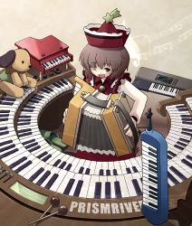 Rule 34 | 1girl, accordion, beamed quavers, brown eyes, brown hair, crotchet rest, dog, female focus, hat, instrument, keyboard, keyboard (instrument), lyrica prismriver, melodica, music, musical note, one eye closed, piano, sakura (medilore), short hair, solo, staff (music), touhou, toy, treble clef, wink