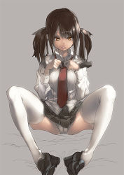 Rule 34 | 1girl, aro (charged time out), bad id, bad pixiv id, brown eyes, brown hair, derivative work, loafers, necktie, original, panties, photo-referenced, school uniform, shoes, sitting, skirt, solo, spread legs, thighhighs, twintails, underwear, upskirt