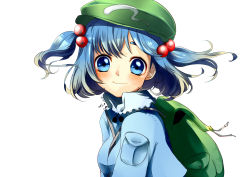 Rule 34 | 10s, 1girl, 2011, a1ri, backpack, bag, beret, blue eyes, blue hair, dated, hat, kawashiro nitori, looking at viewer, matching hair/eyes, simple background, smile, solo, touhou, twintails, two side up, upper body