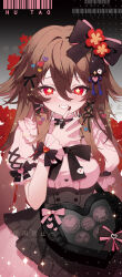 Rule 34 | 1girl, apple caramel, artist name, black bow, black nails, black skirt, blush, bow, breasts, brown hair, center frills, character name, commentary request, english text, flower-shaped pupils, frills, genshin impact, gradient background, grey background, grin, hair between eyes, hair bow, hand up, heart, heart-shaped bag, heart-shaped pupils, highres, hu tao (genshin impact), long hair, looking at viewer, medium breasts, nail art, nail polish, pink bow, pink shirt, puffy short sleeves, puffy sleeves, red eyes, shirt, short sleeves, skirt, smile, solo, symbol-shaped pupils, very long hair, watermark