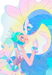 Rule 34 | 1girl, aqua hair, aurorus, bare arms, bare shoulders, blue eyes, creatures (company), dress, eye contact, from side, game freak, gen 6 pokemon, gloves, hand up, hatsune miku, highres, looking at another, looking up, nagomi ( nagomi ), nintendo, open mouth, pokemon, pokemon (creature), project voltage, rock miku (project voltage), sleeveless, sleeveless dress, smile, solo, tiara, upper body, vocaloid, white gloves