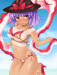 1girl bikini blush bow breasts cameltoe cleavage dark-skinned_female dark_skin female_focus frilled_bikini frills ginji74 hat hat_bow high_heels large_breasts nagae_iku navel open_mouth purple_hair red_eyes sandals shawl shiny_skin shoes short_hair side-tie_bikini_bottom solo swimsuit tan tanline tears thigh_gap touhou