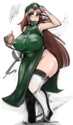 Rule 34 | &gt;:o, 1girl, :o, armpits, bare arms, bare shoulders, belly, breasts, brown hair, china dress, chinese clothes, covered erect nipples, dress, fire, flaming hand, green eyes, hat, highres, hong meiling, huge breasts, long hair, no panties, oozon (ozon), plump, shoes, side slit, simple background, sleeveless, solo, standing, thick thighs, thighhighs, thighs, touhou, v-shaped eyebrows, very long hair, white background, white thighhighs, wide hips