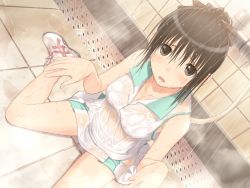 Rule 34 | 00s, 1girl, bathroom, black eyes, black hair, blush, breasts, fault!!, feet, game cg, large breasts, legs, long hair, looking at viewer, open mouth, ponytail, shoes, shower, sitting, skirt, sneakers, solo, steam, thighs, tony taka, water, wet, wet clothes