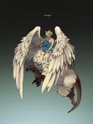 Rule 34 | 2girls, barefoot, belt, blonde hair, blue robe, body fur, breasts, carrying, child carry, chimera, closed eyes, dragon girl, dungeon meshi, elf, english text, falin touden, falin touden (chimera), feathered wings, floating hair, full body, good dooroo, gradient background, head on chest, highres, jumping, korean commentary, long hair, marcille donato, medium breasts, monster girl, multiple girls, nude, pants, pointy ears, profile, robe, short hair, spoilers, underboob, white pants, white wings, wings