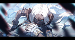 Rule 34 | 1girl, armlet, au ra, black horns, black skin, blue eyes, blurry, blurry background, blurry foreground, colored skin, dragon horns, final fantasy, final fantasy xiv, highres, holding, holding staff, horn ornament, horn ring, horns, letterboxed, long hair, looking at viewer, open mouth, sadu dotharl, scales, sleeveless, solo, staff, white hair, wrist cuffs, zinnkousai3850