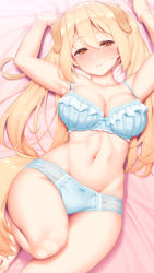 Rule 34 | 1girl, animal ears, armpits, arms up, barefoot, bed sheet, blonde hair, blue bra, blue panties, blush, bow, bow panties, bra, breasts, collarbone, commentary request, dog ears, dog girl, groin, hair between eyes, highres, large breasts, long hair, looking at viewer, lying, navel, on back, orange eyes, original, panties, smile, solo, stomach, tachimi (basue), twintails, underwear, underwear only