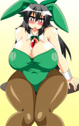 Rule 34 | 1girl, akasode (tyaramu), animal ears, bare shoulders, black hair, blush, bow, bowtie, breasts, rabbit ears, cleavage, condom, condom in mouth, condom wrapper, detached collar, fake animal ears, hair bow, highres, huge breasts, leotard, long hair, looking at viewer, mouth hold, pantyhose, playboy bunny, plump, red eyes, reiuji utsuho, solo, third eye, touhou, wrist cuffs