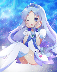 Rule 34 | 1girl, bag, blouse, blue bow, blue choker, blue skirt, blush, bow, brooch, choker, cure marine, eyebrows, forehead, gradient background, hands on own cheeks, hands on own face, heart, heart brooch, heartcatch precure!, highres, jewelry, kurumi erika, ligh xi, magical girl, one eye closed, open mouth, precure, puffy short sleeves, puffy sleeves, purple background, ribbon, shirt, short sleeves, sitting, skirt, smile, solo, thighhighs, white shirt, white thighhighs