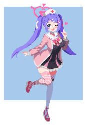 Rule 34 | 1girl, asymmetrical legwear, blue archive, blue background, blue eyes, blush, bow, bowtie, halo, hanae (blue archive), hat, heart, index finger raised, jacket, kani (1f980), knee up, looking at viewer, mismatched legwear, nurse cap, one eye closed, open clothes, open jacket, open mouth, pill hair ornament, pink bow, pink bowtie, pink footwear, pink jacket, pink thighhighs, pixel art, purple hair, sailor collar, simple background, smile, solo, striped clothes, striped thighhighs, thighhighs, twintails, two-tone background, white background, white hat, white sailor collar, white thighhighs