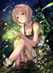 Rule 34 | 1girl, bare legs, bare shoulders, breasts, bug, cleavage, dress, fireflies, firefly, flower, green eyes, grey dress, insect, kink (tortoiseshell), light brown hair, light smile, nature, night, original, outdoors, parted lips, short hair, sitting, sky, sleeveless, sleeveless dress, small breasts, solo, star (sky), starry sky