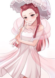 Rule 34 | 1girl, ace attorney, bad id, bad pixiv id, bare arms, bare shoulders, blush, braid, breasts, closed mouth, collarbone, commentary request, dahlia hawthorne, dress, forehead, hagoromo, head tilt, highres, holding, holding umbrella, long hair, red eyes, red hair, run (run0510 ), see-through, shawl, simple background, sleeveless, sleeveless dress, small breasts, smile, solo, umbrella, very long hair, white background, white dress, white umbrella