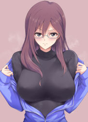 Rule 34 | blush, breasts, glasses, highres, idolmaster, idolmaster cinderella girls, idolmaster cinderella girls starlight stage, inou hiroaki, large breasts, long hair, red hair, removing jacket, steaming body, sweat, undressing, yagami makino