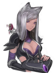 Rule 34 | !, !!, 1boy, 1girl, animal ears, breasts, circlet, cleavage, unworn headwear, highres, kemonomimi mode, kumiko shiba, league of legends, long hair, looking at viewer, purple eyes, silver hair, simple background, solo focus, syndra, white background, zed (league of legends)
