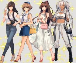 Rule 34 | 2girls, 4girls, alternate costume, alternate hairstyle, armpit crease, bag, black footwear, black hair, black nails, blue skirt, blush, boots, bow, bra, breasts, brown eyes, brown hair, cannon, casual, collarbone, dark-skinned female, dark skin, denim, dress, full body, glasses, green eyes, grey-framed eyewear, grey background, grey hair, hair between eyes, hair bow, handbag, high-waist pants, high heels, highres, holding, ice cream cone, jacket, jeans, jewelry, kantai collection, kasumi (skchkko), large breasts, lifted by self, long hair, long sleeves, looking at viewer, low-tied long hair, medium breasts, midriff, multiple girls, musashi (kancolle), musashi kai ni (kancolle), mutsu (kancolle), nagato (kancolle), nail polish, navel, necklace, open mouth, outside border, pants, photo background, pink bag, pleated skirt, pointy hair, ponytail, red eyes, sailor collar, sailor shirt, semi-rimless eyewear, shirt, short hair, short sleeves, shoulder bag, simple background, skirt, sleeveless, smile, sports bra, sportswear, twintails, two-tone background, two-tone sports bra, underwear, very long hair, white background, white bra, white dress, white hair, white jacket, white pants, white shirt, yamato (kancolle)