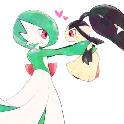 Rule 34 | 1girl, 1other, arms up, black hair, black skin, blunt bangs, blush, bob cut, carrying, closed mouth, colored skin, creatures (company), enden (pixiv 57969220), extra mouth, eye contact, flat chest, from side, full body, game freak, gardevoir, gen 3 pokemon, green hair, green skin, happy, heart, highres, light blush, long hair, looking at another, mawile, multicolored skin, nintendo, outstretched arms, pokemon, pokemon (creature), profile, red eyes, sharp teeth, short hair, sideways mouth, simple background, smile, standing, teeth, two-tone skin, white background, white skin, yellow skin