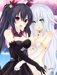 Rule 34 | 2girls, black hair, black heart (neptunia), blue eyes, breasts, cleavage, four goddesses online: cyber dimension neptune, highres, long hair, looking at viewer, midriff, multiple girls, neptune (series), noire (neptunia), open mouth, red eyes, self-upload, smile, spleeny, symbol-shaped pupils, white hair