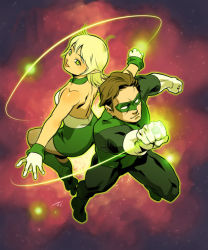 Rule 34 | 1boy, 1girl, animification, arisia rrab, back-to-back, backless outfit, blonde hair, bodysuit, boots, dc comics, domino mask, flying, gloves, green eyes, green lantern, green lantern (series), hal jordan, halterneck, jewelry, koike sadaji, mask, pointy ears, ring, space, star (symbol), superhero costume, white gloves