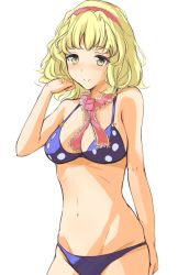 Rule 34 | 1girl, alice margatroid, bad id, bad pixiv id, bare arms, bare shoulders, bikini, blonde hair, blue bikini, blush, breasts, commentary request, cowboy shot, groin, hairband, hand in own hair, hand up, kaoshuzi, looking at viewer, medium breasts, navel, pink hairband, pink neckwear, polka dot, polka dot bikini, short hair, simple background, smile, solo, stomach, swimsuit, touhou, white background, yellow eyes