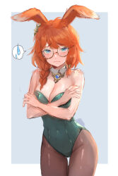 Rule 34 | 1girl, alternate costume, animal ears, aurora (league of legends), bare arms, bare shoulders, black pantyhose, blue eyes, blush, breasts, cleavage, closed mouth, covered navel, cowboy shot, crossed arms, detached collar, earrings, freckles, furrowed brow, glasses, green leotard, hair between eyes, highres, jewelry, league of legends, leotard, looking at viewer, nyaamen fork, orange hair, pantyhose, rabbit ears, rabbit girl, rabbit tail, round eyewear, sidelocks, simple background, solo, speech bubble, sweatdrop, tail, teardrop, thighs