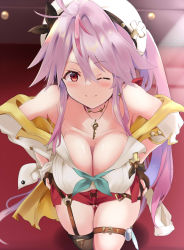 Rule 34 | 1girl, atelier (series), atelier ryza, atelier ryza 2, azur lane, breasts, cosplay, grenville (azur lane), hat, highres, jewelry, key, key necklace, large breasts, necklace, one eye closed, pink hair, reisalin stout, reisalin stout (cosplay), thigh strap, tonchinkan