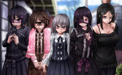 Rule 34 | 5girls, :d, ageha (ray-k), arm behind back, arms behind back, asymmetrical sleeves, black dress, black eyes, black hair, black sweater, blurry, blurry background, bow, breasts, brown dress, brown eyes, brown hair, burn scar, cleavage, collarbone, commentary request, copyright request, cyclops, doll joints, dorei to no seikatsu ~teaching feeling~, dress, eyepatch, eyeshadow, frilled dress, frills, frown, fukasugi aiko, grey eyes, grey hair, hair between eyes, hair bow, hair ornament, hairclip, hand on own chest, heart, heart hair ornament, highres, hitomebore, joints, large breasts, long hair, looking at viewer, makeup, monster girl, multiple girls, off-shoulder, off-shoulder sweater, off shoulder, one-eyed, one eye covered, open mouth, original, own hands clasped, own hands together, parted bangs, ray-k, red eyes, ribbon, scar, shawl, shizuko (ray-k), short hair, sidelocks, slit pupils, smile, sweater, sylvie (dorei to no seikatsu), uneven sleeves, usui sachi