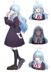 Rule 34 | 1girl, = =, ahoge, black socks, blue hair, breasts, brooch, closed eyes, commentary request, constricted pupils, cropped torso, from side, full body, hair ornament, twirling hair, half updo, heart, heart ahoge, highres, hololive, jewelry, kneehighs, large breasts, long hair, long sleeves, looking at viewer, mikan (chipstar182), multiple views, neck ribbon, open mouth, parted lips, pointy ears, red ribbon, ribbon, school uniform, shaded face, sidelocks, simple background, smile, socks, standing, virtual youtuber, white background, yellow eyes, yukihana lamy