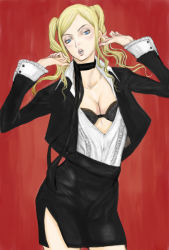 Rule 34 | 1girl, black bra, blonde hair, bra, breasts, female focus, gradient background, grasshopper manufacture, long sleeves, no more heroes, open clothes, open shirt, scarf, shirt, skirt, solo, sylvia christel, twintails, underwear