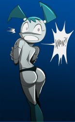 Rule 34 | 1girl, android, ass, blush, brokenlynx, embarrassed, jenny wakeman, looking at viewer, looking back, my life as a teenage robot, robot, solo, surprised, topless