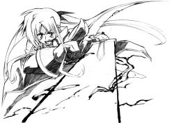 Rule 34 | 00s, 1girl, bardiche (nanoha), bardiche (zanber form) (nanoha), fate testarossa, fate testarossa (impulse form), floating hair, greyscale, holding, holding sword, holding weapon, long hair, looking at viewer, lyrical nanoha, mahou shoujo lyrical nanoha, monochrome, simple background, solo, sword, twintails, very long hair, weapon, white background